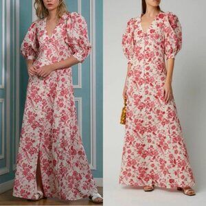 EVI GRINTELA Chloe Puff Sleeve Printed Maxi Dress Sz L Red Ivory